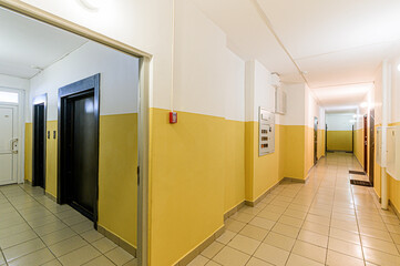 interior public place, house entrance. doors, walls, corridors staircase