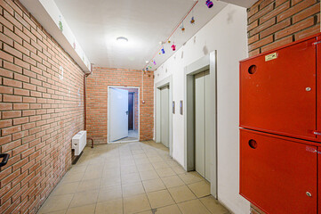 interior public place, house entrance. doors, walls, corridors staircase