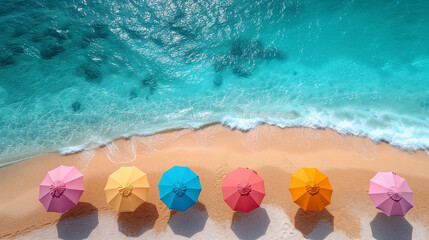 Colorful Beach Umbrellas on Pristine Sandy Shoreline.