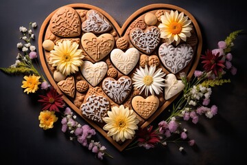 Heart-shaped cookie tray with flower decorations