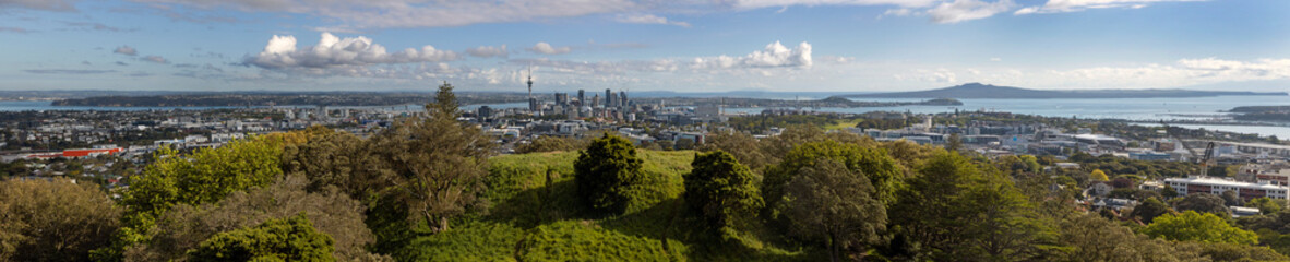 Skyline Auckland. View from the top of Mount Eden Auckland New Zealand. TV tower. Skytower. Panorama. 