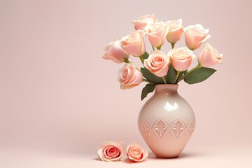 Beautiful Pink Roses in a Vase on Pink Background