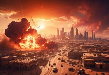 Atomic bomb in city. Symbol of war, end of world. Nuclear explosion