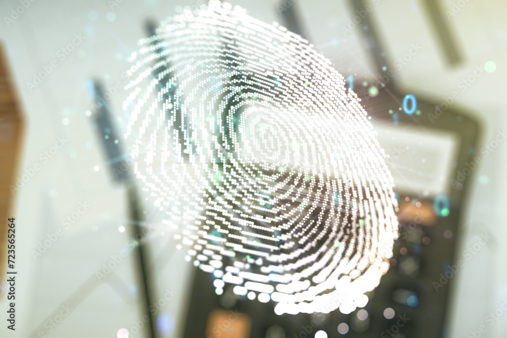 Aufkleber Multi exposure of virtual graphic fingerprint sketch on blurry calculator and papers background, fingerprint scan data concept