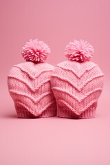 Pink and white knit hats on a pink background