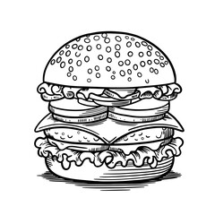 Vector illustration of a sandwich with sausage, cheese, tomato, lettuce and greens. Delicious healthy sandwich.	