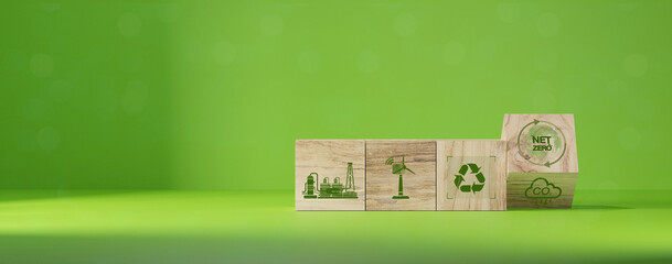 2050 year, Net zero and carbon neutral concept. CO2 reducing icon print screen on wooden and world...