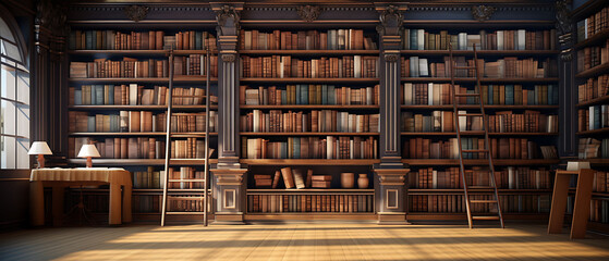  ancient bookshelves full of Old ancient books  and manuscripts - obrazy, fototapety, plakaty