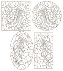 A set of contour illustrations of stained glass Windows with jellyfish on a background of water and air bubbles, dark contours on a white background - obrazy, fototapety, plakaty