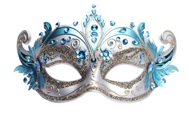Carnival Mask Bursting with Blue and Silver Sequins Isolated on Transparent Background PNG.