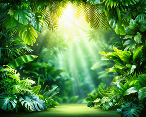Sunlit forest scene, tropical green trees with sunlight, natural environment landscape, lush jungle vegetation and morning light