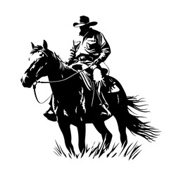 Fototapeta na wymiar Cowboy On Horse Logo Monochrome Design Style