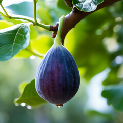 close-up of a fresh ripe fig hang on branch tree. autumn farm harvest and urban gardening concept with natural green foliage garden at the background. selective focus