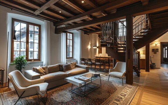 Apartments and houses that have been beautifully restored. These interiors often showcase original architectural features like exposed beams, wooden floors, and ornate detailing.