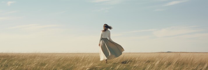 A woman in a flowing skirt walks through a swaying field, where a gentle breeze plays with the grass, under the expanse of a vast sky.