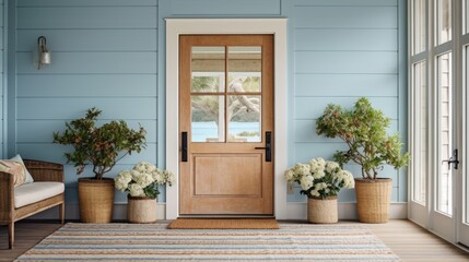 Shiplap walls, a natural fiber rug, and a glorious blue door create the quintessential coastal entryway coastal home interior decorative style element house beautiful design - obrazy, fototapety, plakaty