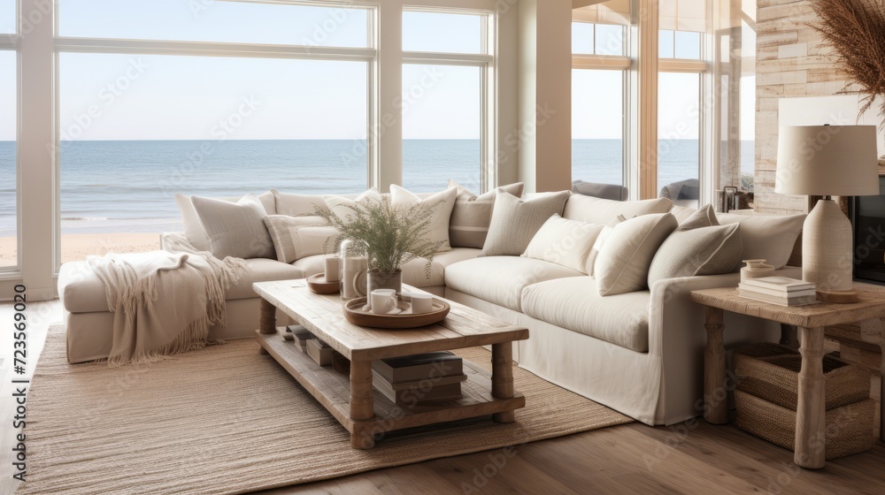 Wall mural beautiful small space casual living family room soft neutral wood beams  and a gorgeous grouping of swivel color fabric chairs around a striking coffee table coastal design nature freshness home