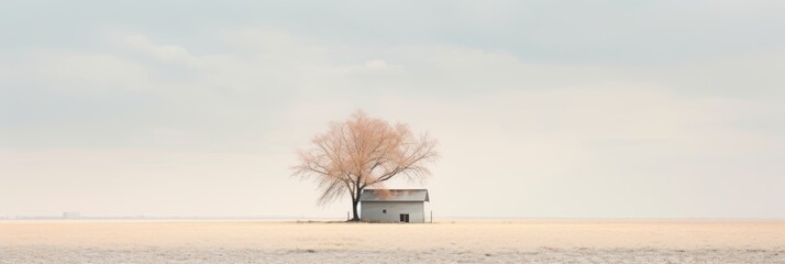 In this serene scene, a lone house finds solace under the shade of a tall tree, nestled in an expansive open field, beneath the vast and tranquil sky. - Powered by Adobe