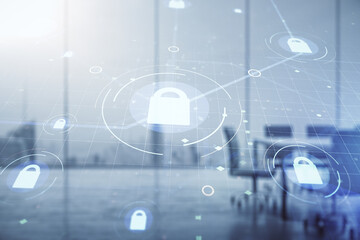 Virtual creative lock symbol and microcircuit illustration on a modern conference room background. Protection and firewall concept. Multiexposure