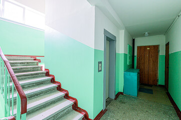 interior public place, house entrance. doors, walls, corridors staircase stairs, steps