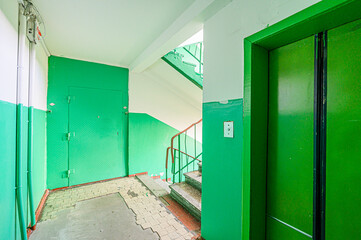 interior public place, house entrance. doors, walls, corridors staircase