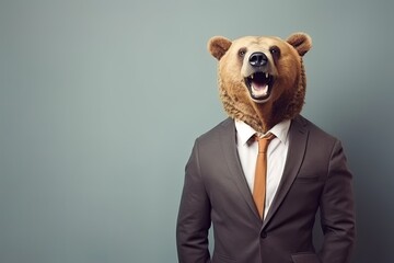 animal brown GRIZZLY BEAR wearing concept Anthromophic friendly Bear wearing suite formal business suit pretending to work in coporate workplace studio shot on plain color wall