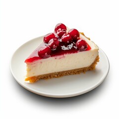 Cheesecake served on a plate. White background.
