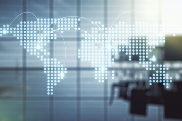 Abstract virtual world map with connections on a modern conference room background, international trading concept. Multiexposure
