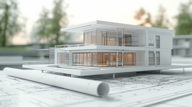 Blueprints model for home with 3 dimension wireframe style on the table, reference drawing on the table. Realistic and detailed for architectural presentation.