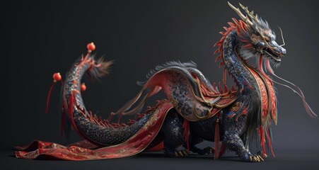 Full body image of a mighty dragon dressed in an elegant chinese new year attire, confident and classy.
