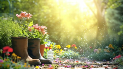 Gardening background with flowerpots made of used plastic bottles, boots and used glass jar, water sprinkler in sunny spring or summer garden background. - obrazy, fototapety, plakaty