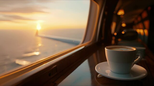 A private jet window serves as the perfect frame for an evocative sunrise, while inside, a gourmet coffee station captivates the senses. This is not just a flight, but a journey of exquisite
