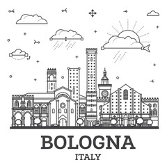 Outline Bologna Italy City Skyline with Historic Buildings Isolated on White. Bologna Cityscape with Landmarks.