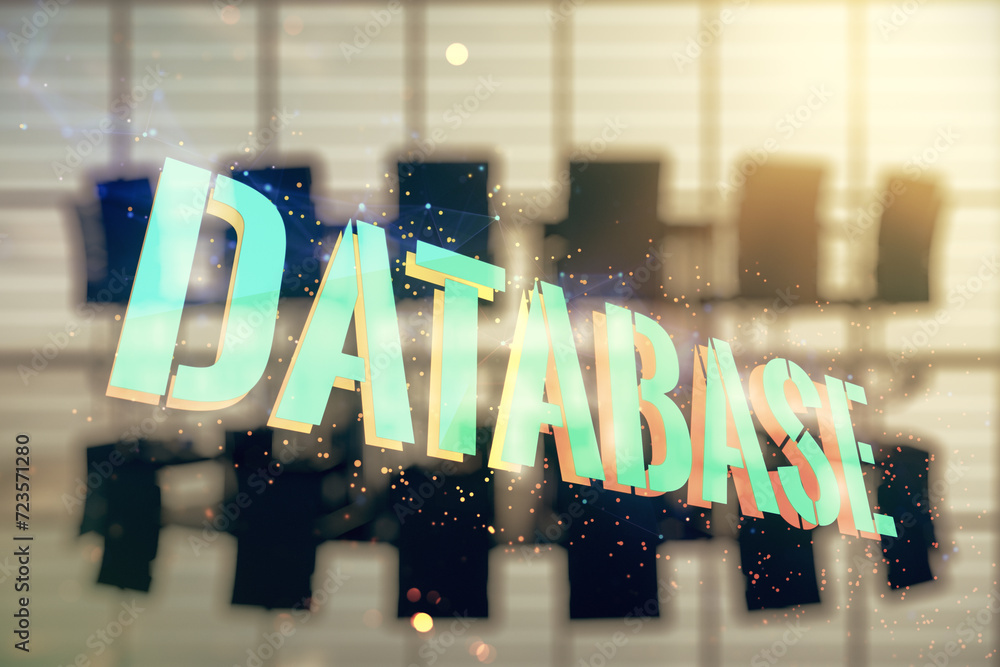 Poster double exposure of database word sign on a modern conference room background, global research and an