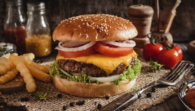 generated image product shot of a juicy burger , artisan, rustic, food photography, delicious, close up shot