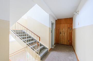 interior public place, house entrance. doors, walls, corridors staircase