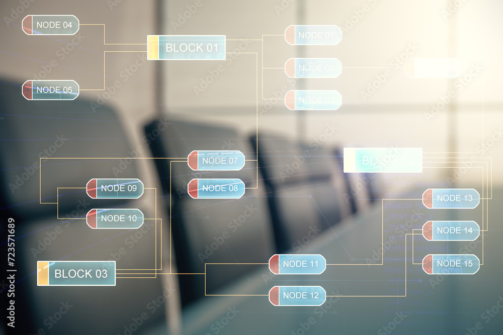 Poster multi exposure of abstract programming language hologram on a modern furnished office interior backg