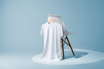 White blank t-shirt hanging on chair against blue wall