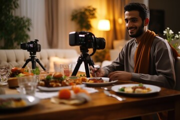 The Smiling Man Sitting at a Table Enjoying Dinner and Capturing the Moment with His Camera