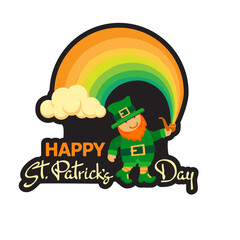 Happy Saint Patricks Day. Hand-drawn lettering. Festive composition with cute leprechaun, pipe, and rainbow. Spring holiday March 17 Saint Patrick. Vector illustration.