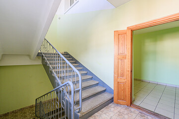 interior public place, house entrance. doors, walls, corridors staircase stairs, steps