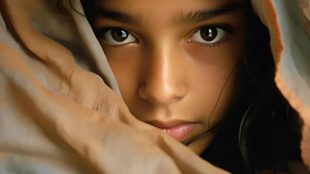 South Asian girl, mere adolescent, appears in room, huddling under blanket, tiny beads of perspiration prominent on forehead. disquiet evident on face vivid depiction of Selective Mutism, complex