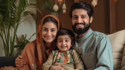 A family portrait - A young family of three poses together for a picture.