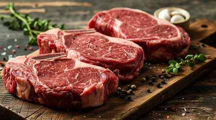 Fototapeta premium Fresh raw Prime Black Angus beef steaks on wooden board. copy space for text.