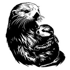 Sea Otter Mother And Baby Logo Monochrome Design Style