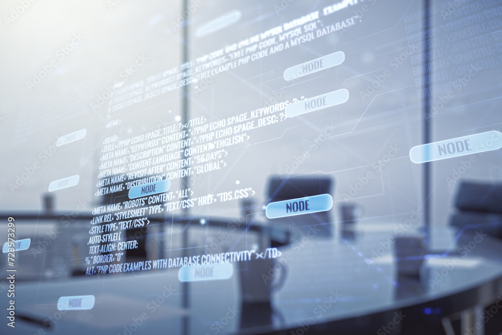 Poster abstract virtual coding concept on a modern conference room background. multiexposure