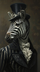 Obraz na płótnie Canvas Stylish zebra in a monochrome ensemble, sporting a top hat with zebra stripes, against a minimalist backdrop, lit with soft spotlights, exuding contemporary flair