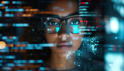Programming, ai code and woman with focus, hologram and digital software with cyber security, futuristic and website development. Female, coder or trader with data analysis and security at night