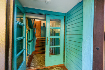 interior public place, house entrance. doors, walls, corridors staircase