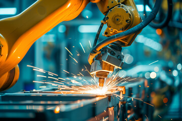 robotic arm in action, focusing on the precision and intensity of automated welding